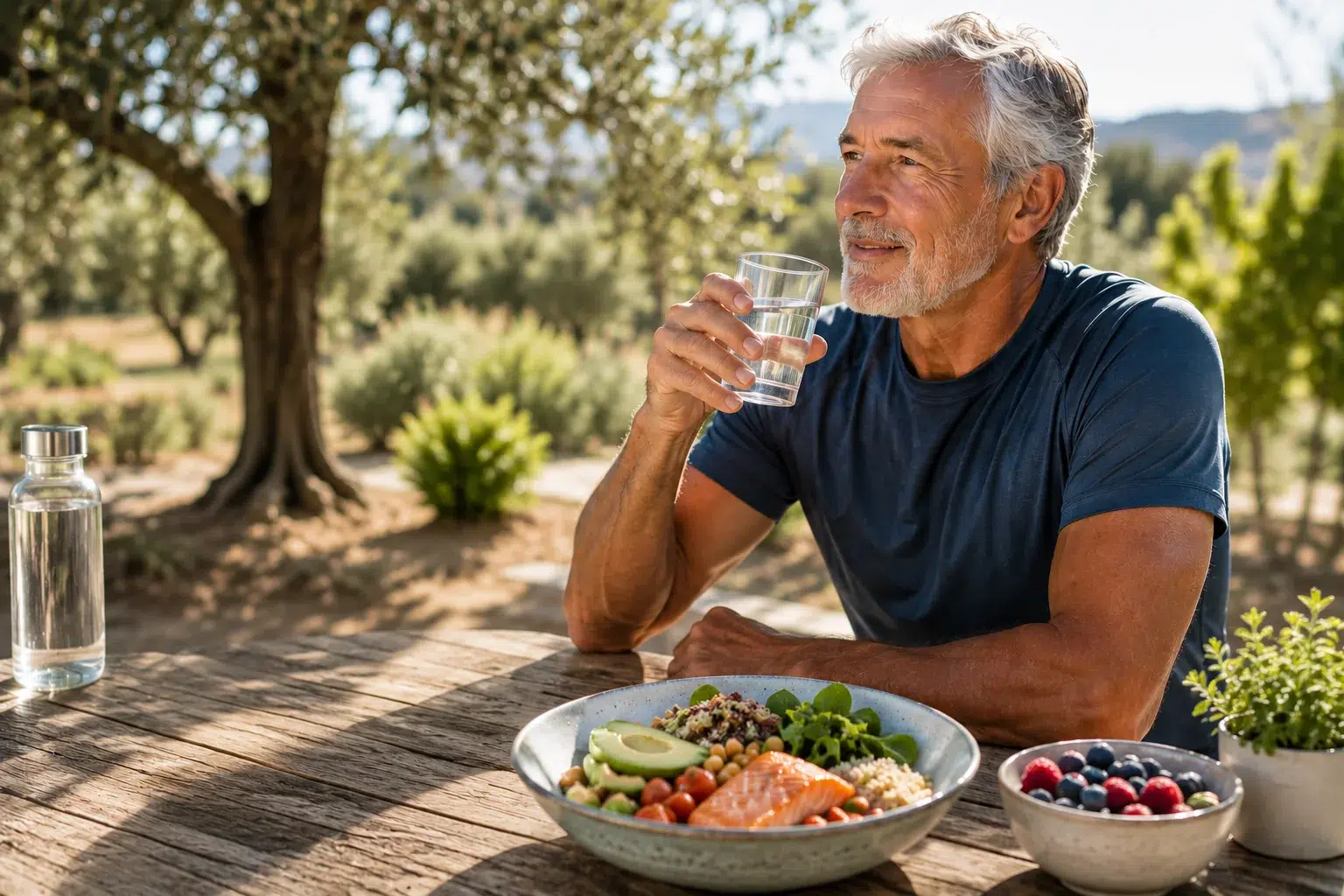 Homme de plus de 60 ans buvant de l’eau devant un repas équilibré dans le cadre du jeûne intermittent