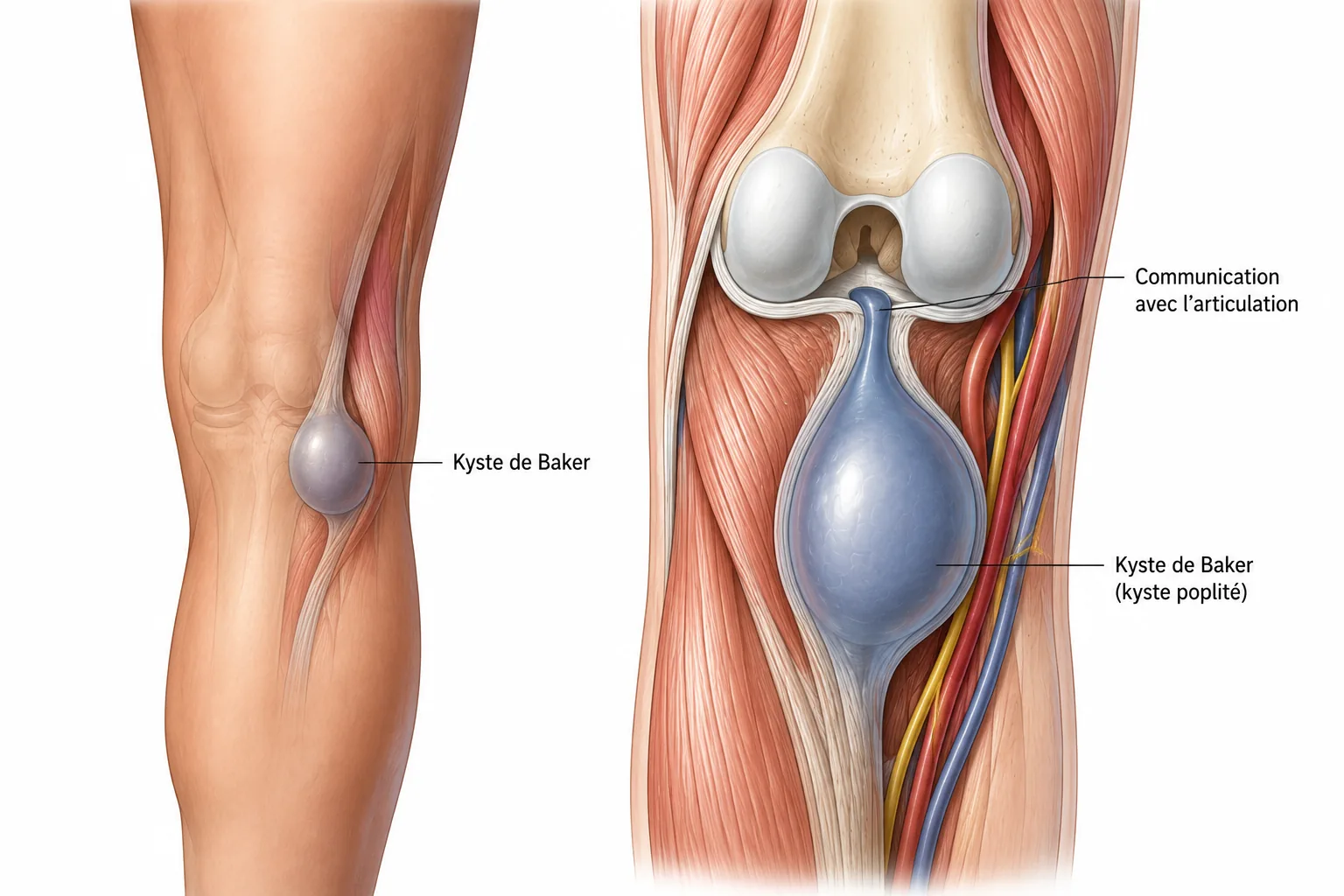 Kyste de Baker&nbsp;: aspect extérieur d'une tuméfaction dans le creux poplité et coupe montrant la poche de liquide synovial communiquant avec l'articulation du genou