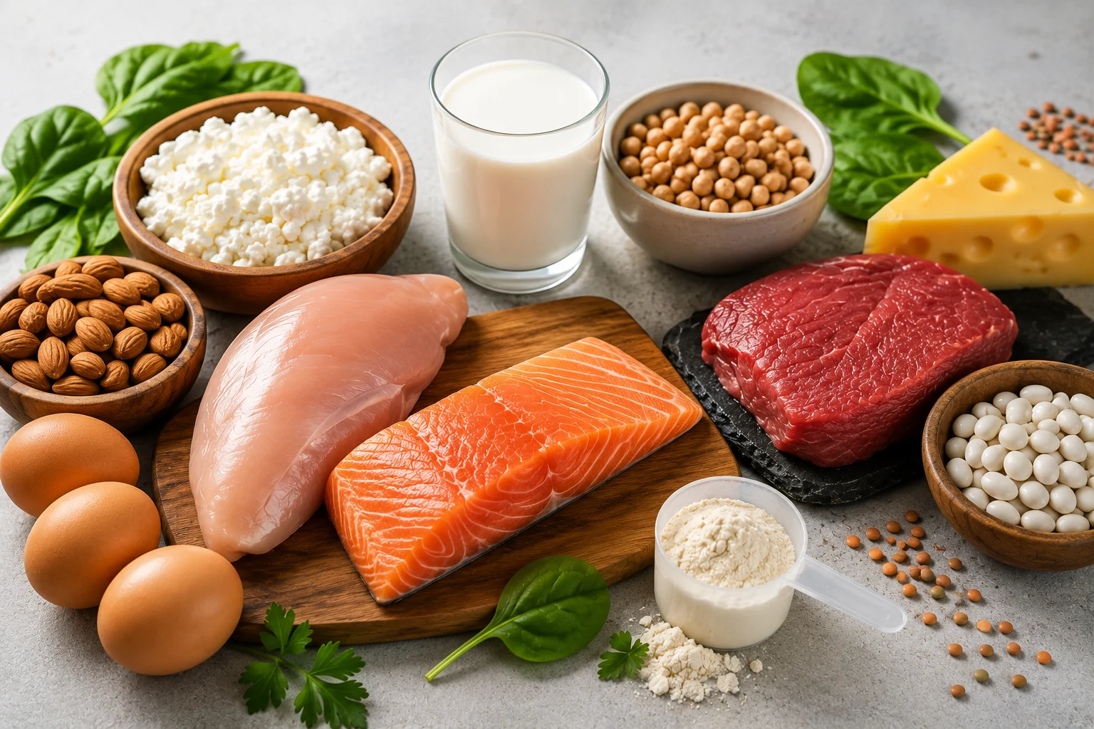 Aliments riches en protéines : poulet, saumon, œufs, viande, produits laitiers, légumineuses et amandes