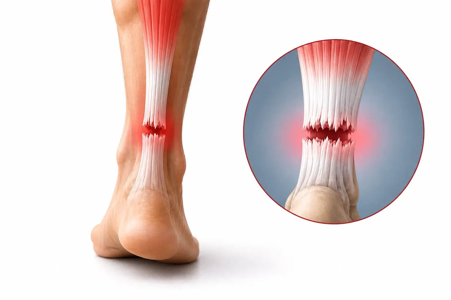 Schéma anatomique montrant une rupture complète du tendon d’Achille au-dessus du talon