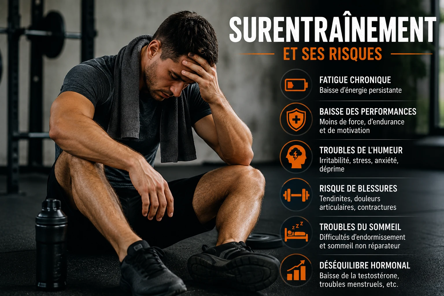 Sportif fatigué illustrant le surentraînement et ses principaux risques sur la santé et les performances