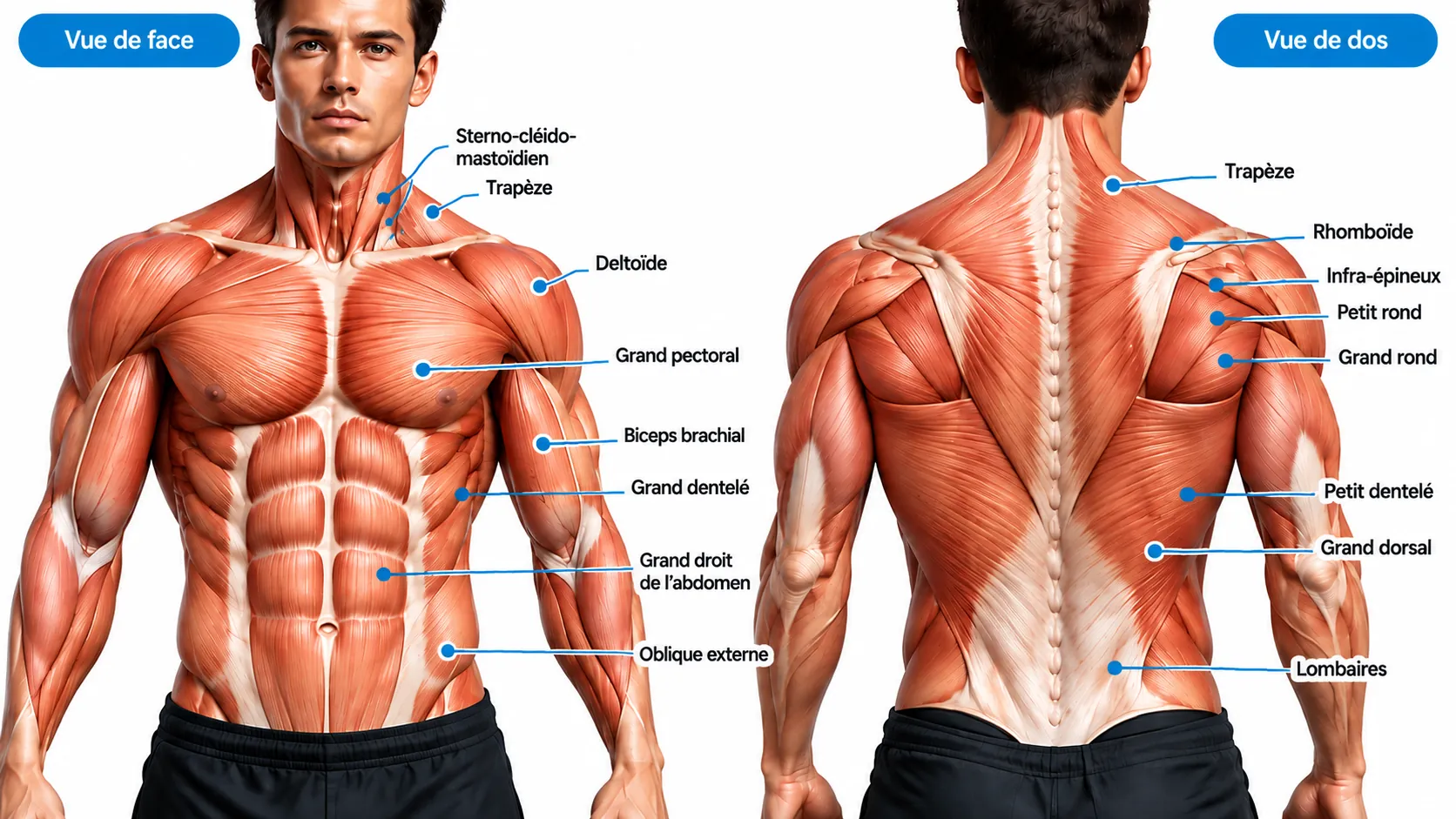 natomie du haut du corps : principaux muscles en vue de face et de dos