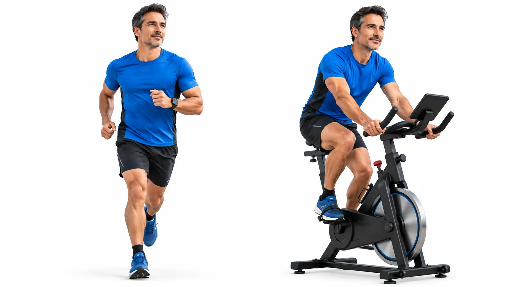 Homme pratiquant un cardio en zone 2 en course à pied et sur vélo d’appartement