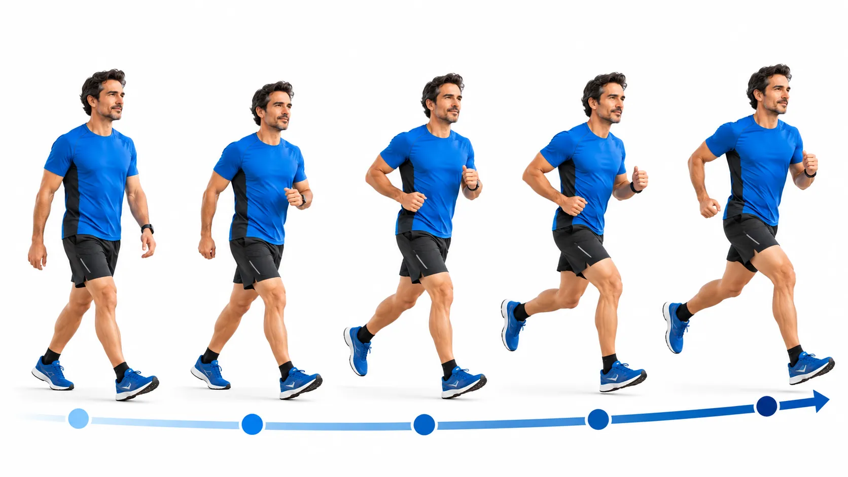 Homme progressant de la marche à la course à pied dans un programme débutant pour courir 5 km