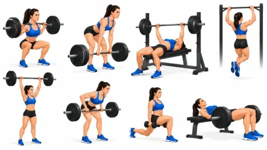 Exercices composés en musculation : squat, soulevé de terre, développé couché, tractions et autres mouvements