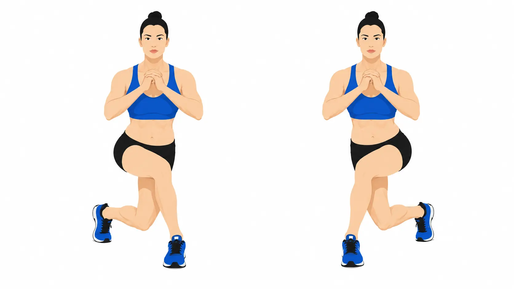 Fentes croisées ou curtsy lunges réalisées à gauche et à droite par une femme sportive