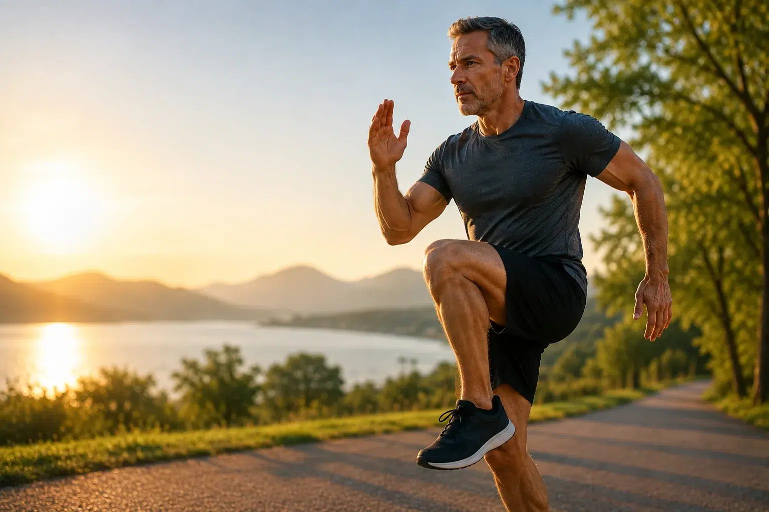 Homme de plus de 40 ans pratiquant un exercice de HIIT en extérieur pour améliorer sa santé cardiovasculaire