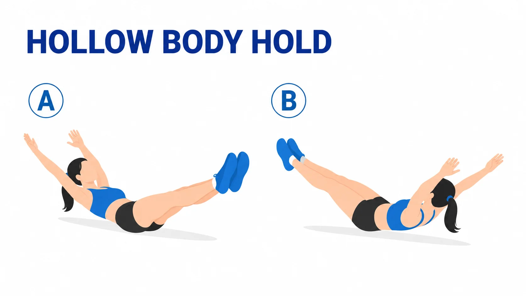 Femme réalisant un Hollow Body Hold avec les bras et les jambes décollés du sol