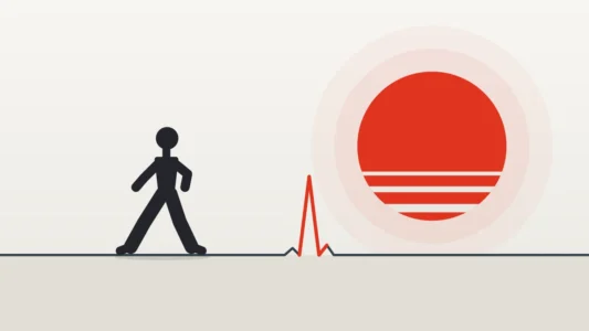 Nos derniers articles (Sport&Santé) 6 Silhouette d'une personne marchant d'un pas rapide au lever du soleil, sur une ligne d'électrocardiogramme figurant l'horizon