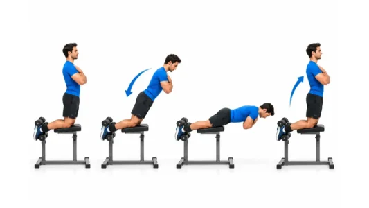 Nordic Hamstring en 4 étapes sur banc : position à genoux buste droit, descente contrôlée vers l'avant, amorti au sol puis retour à la position de départ