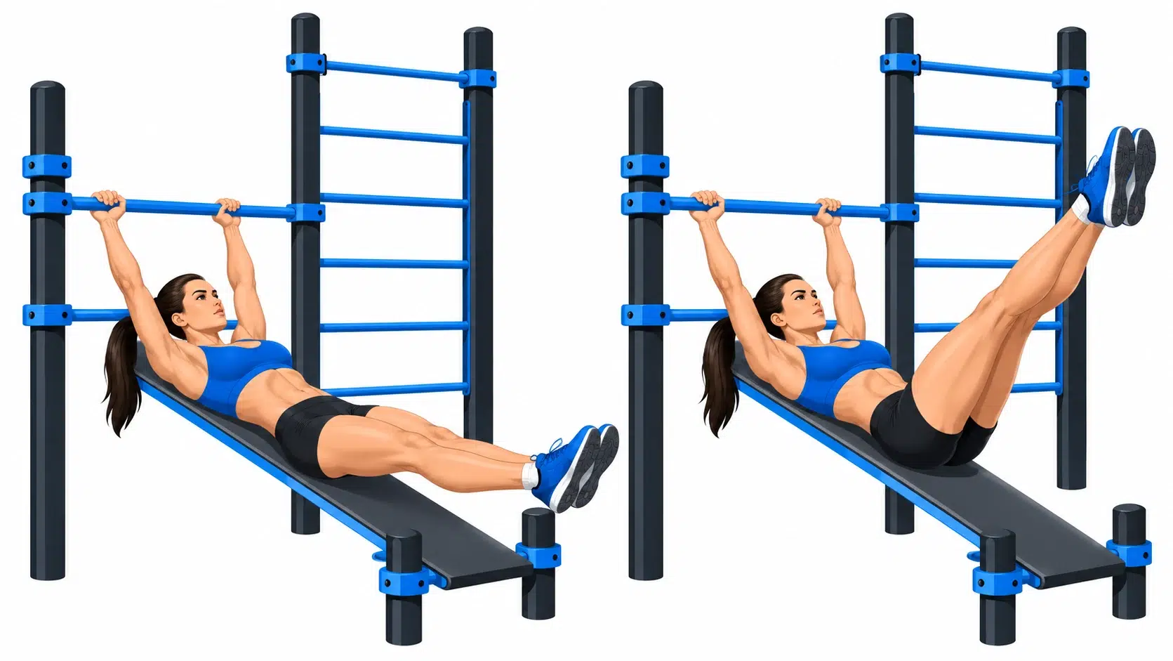 : Relevé de jambes sur banc incliné – positions de départ et de montée