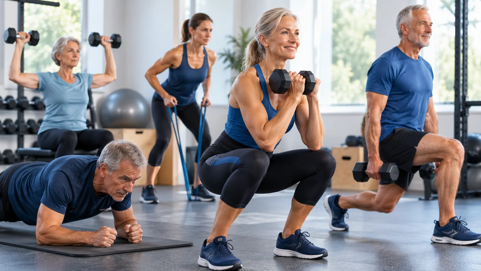 Seniors réalisant des exercices de renforcement musculaire pour prévenir la sarcopénie