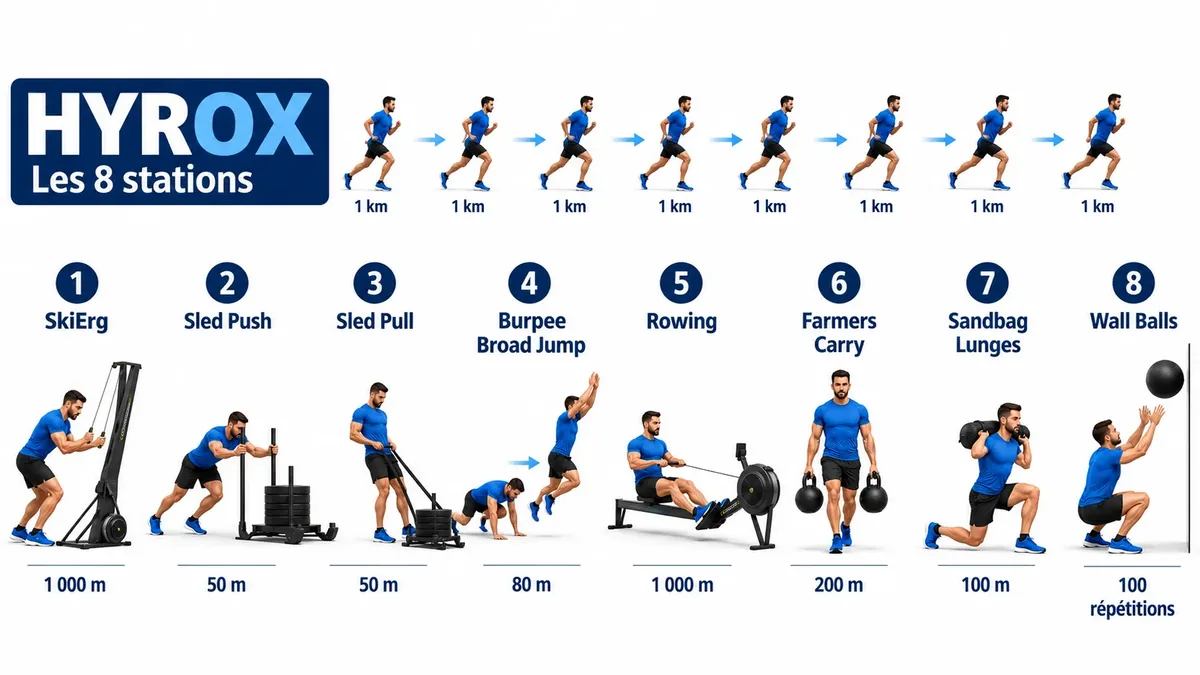 Infographie des 8 stations du Hyrox dans l'ordre : SkiErg, sled push, sled pull, burpee broad jump, rameur, farmers carry, sandbag lunge et wall balls, séparées par des segments de course à pied d'1 km